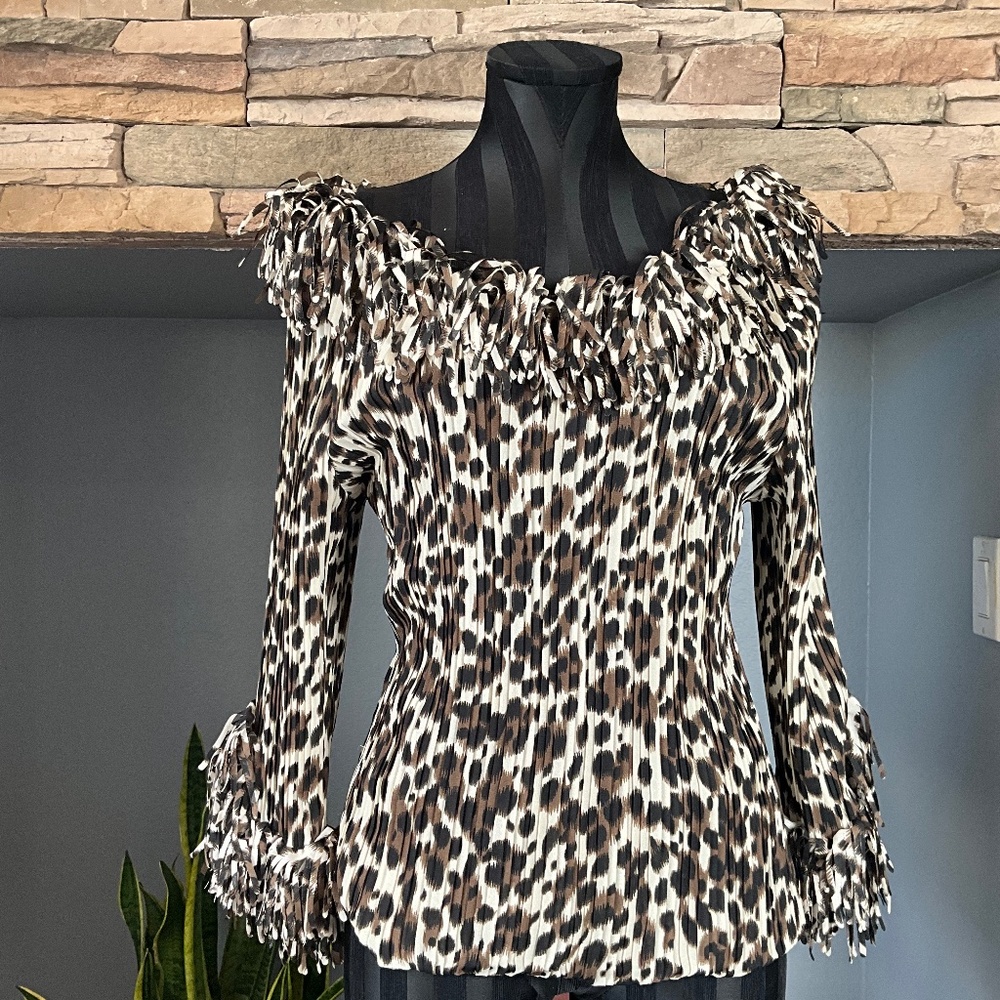 NWOT Leopard Print Fringe Slimming Crinkle Top Party Fun Festive Brown Cream XL